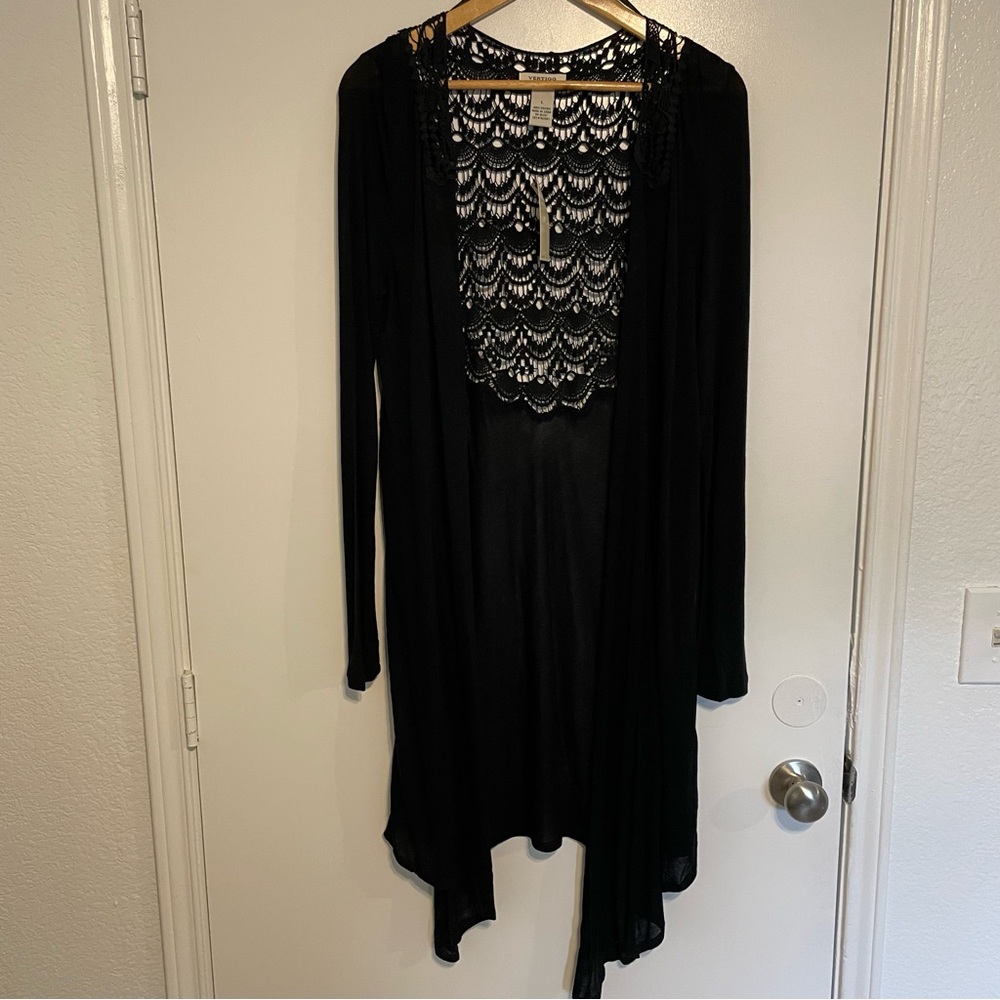 Vertigo Paris long sleeve black boho cardigan knit lace whimsigoth nwt new L
